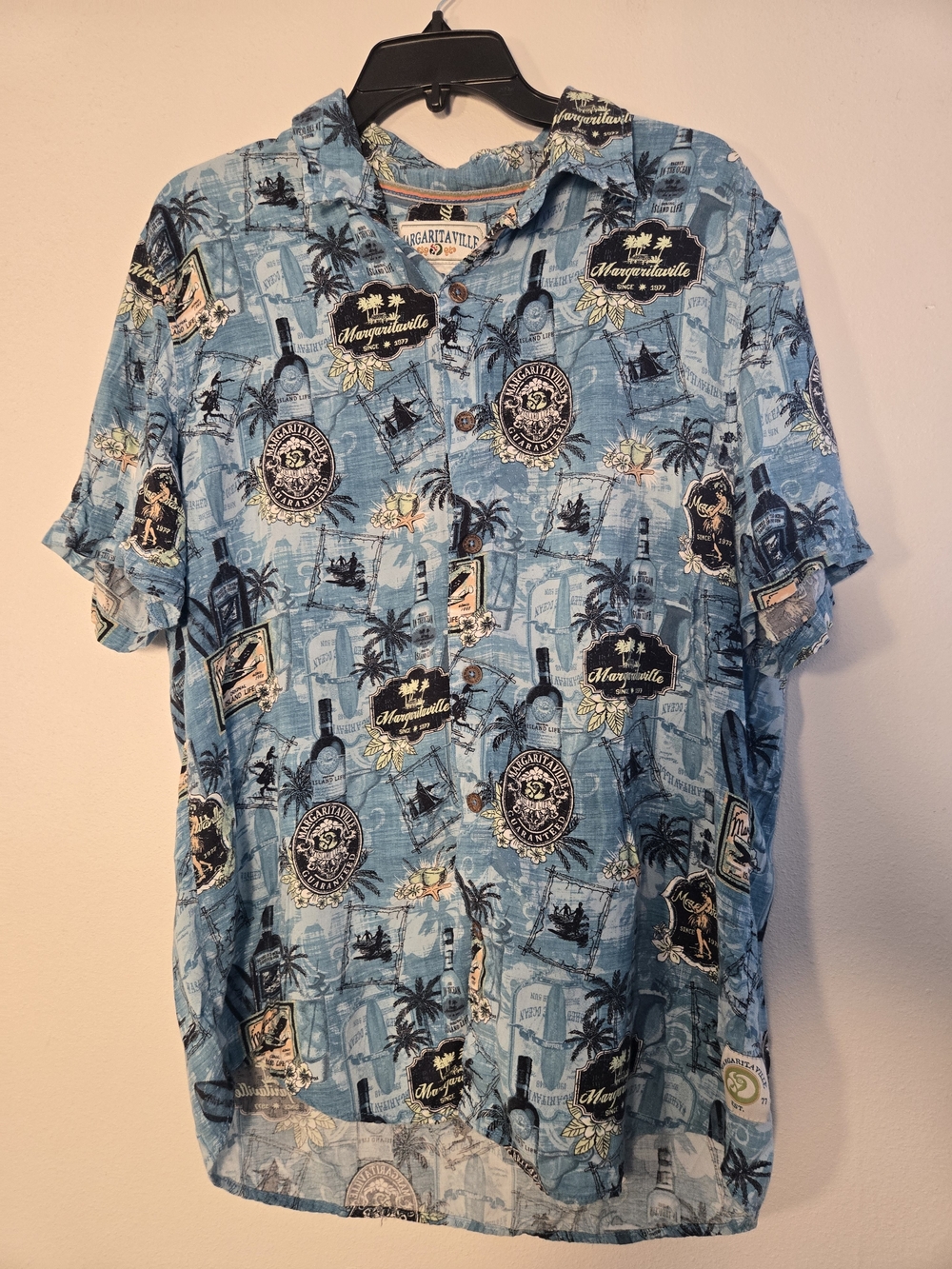 Margaritaville Light Blue Tropical Print Short Sleeve Rayon Camp Shirt